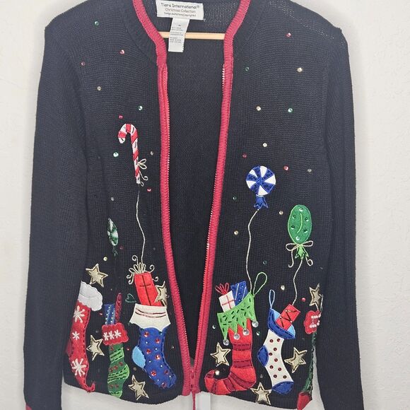 Vintage Tiara International Ugly Christmas Sweater Cardigan Stockings Bell Med - Picture 5 of 8